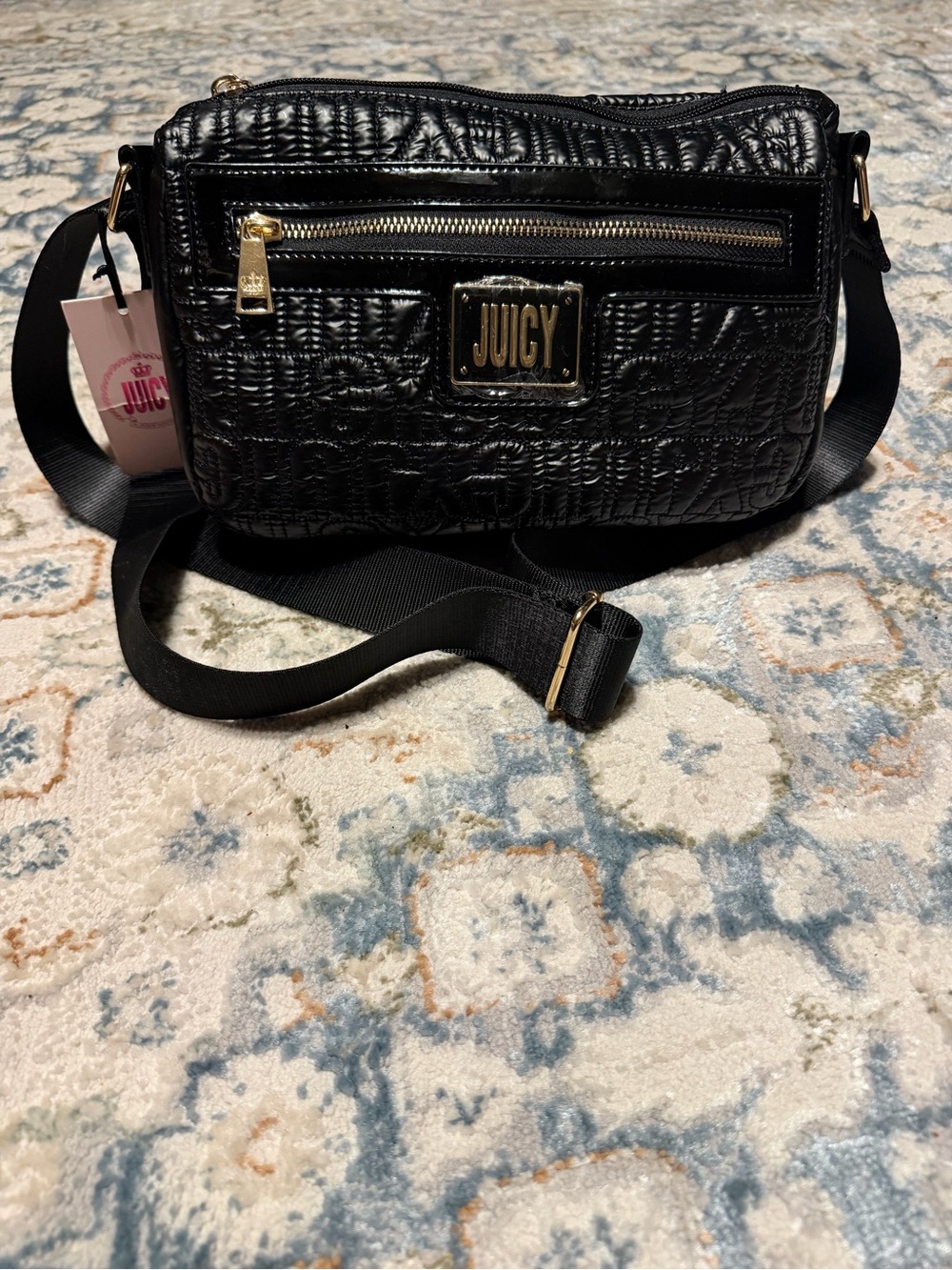 Juicy Couture Fully Luxe Crossbody Bag Black Patent Monogram NWT Gold Hardware